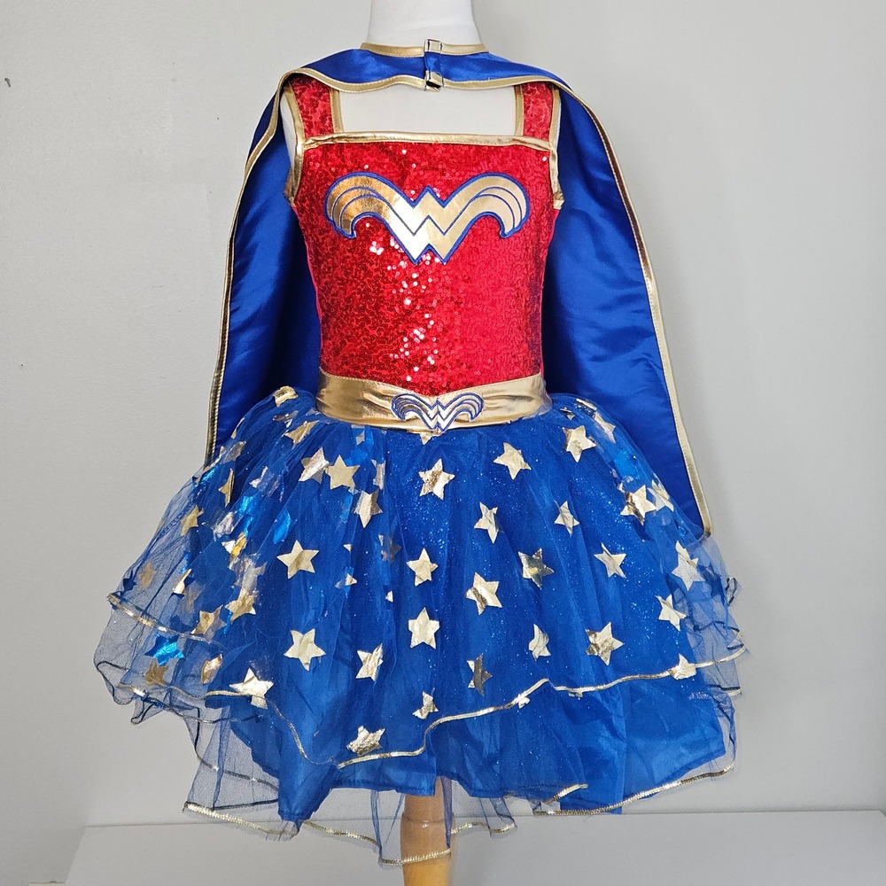 Rubies Wonder Woman Costume Kids Medium 7/8 Red Blue Good Sequins Tutu Cape